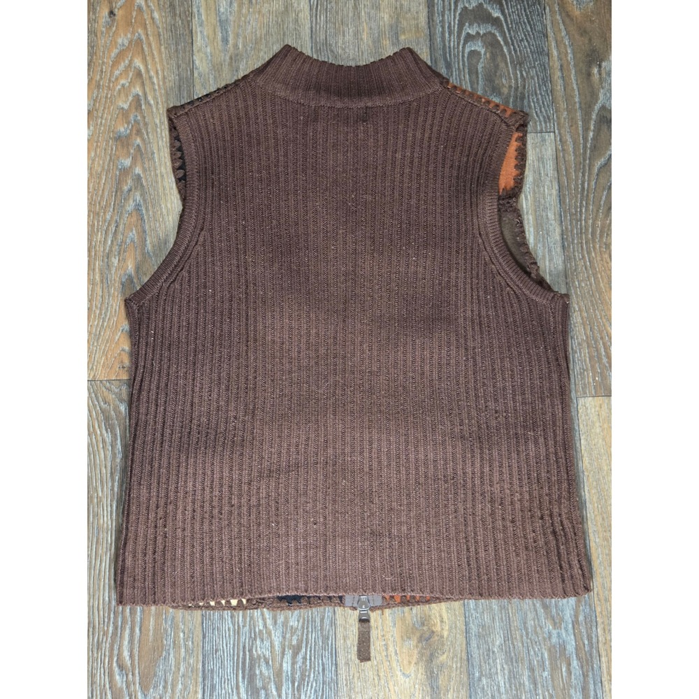Planet & Company Petite Leather Patchwork Sweater Vest Brown Multi Full Zip PS - Picture 3 of 3